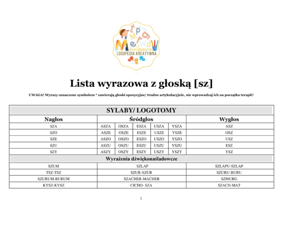 lista wyrazowa dla głoski sz