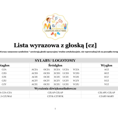 lista wyrazowa głoska cz